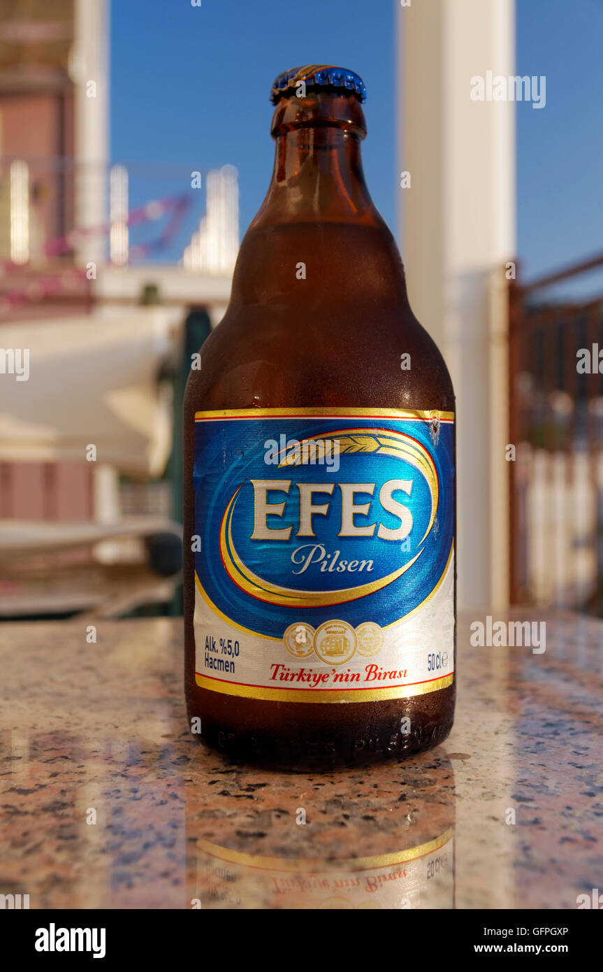 Bottle of Efes Pilsen beer, Turkey. Stock Photo