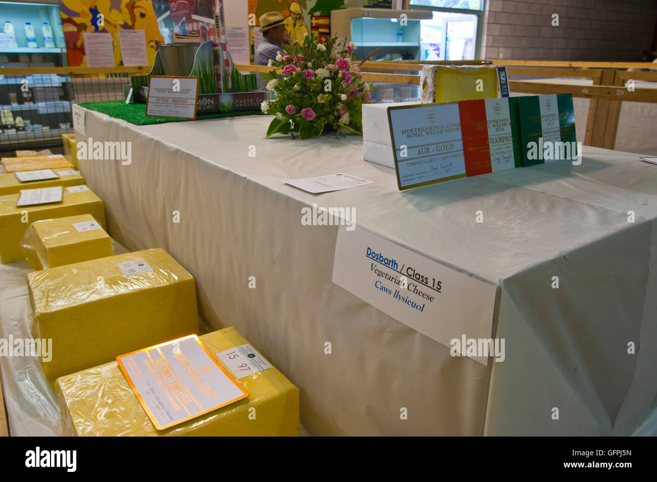 Cheese display in the Food Hall at the Royal Welsh Show, Royal Welsh Showground, Llanelwedd, Builth Wells, Powys, Wales, UK Stock Photo