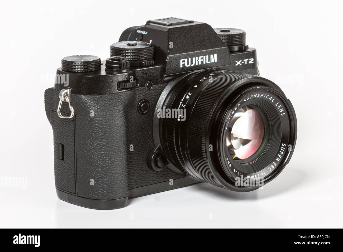 FUJIFILM X-T2, 24 megapixels, 4K video mirrorless camera on white background Stock Photo