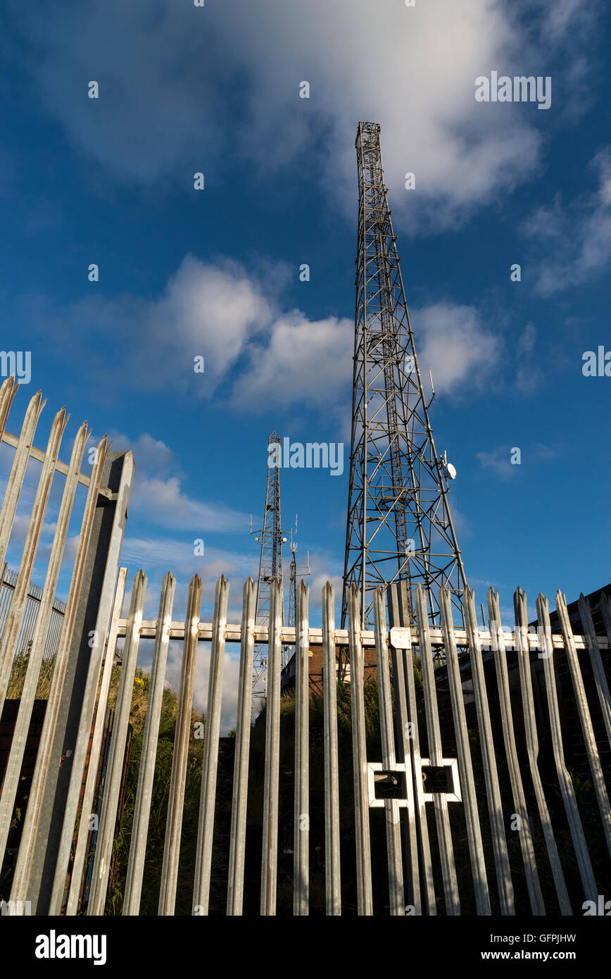 Communication masts on Idle Hill, Werneth Low, Hyde, Manchester. Stock Photo