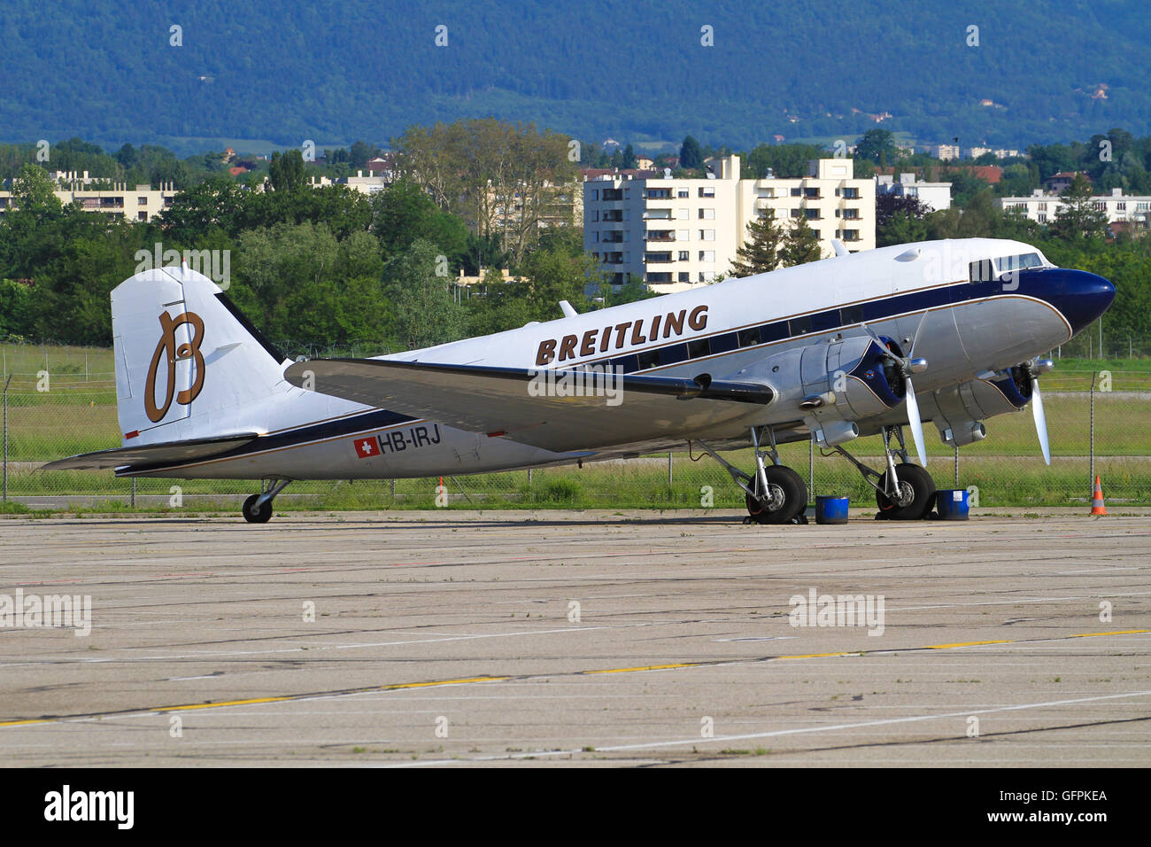 Genf/Switzerland August 5, 2015: One of the oldest planes Douglas DC-3 Dakota from Breitling taxing to take off at Genf Airpo Stock Photo