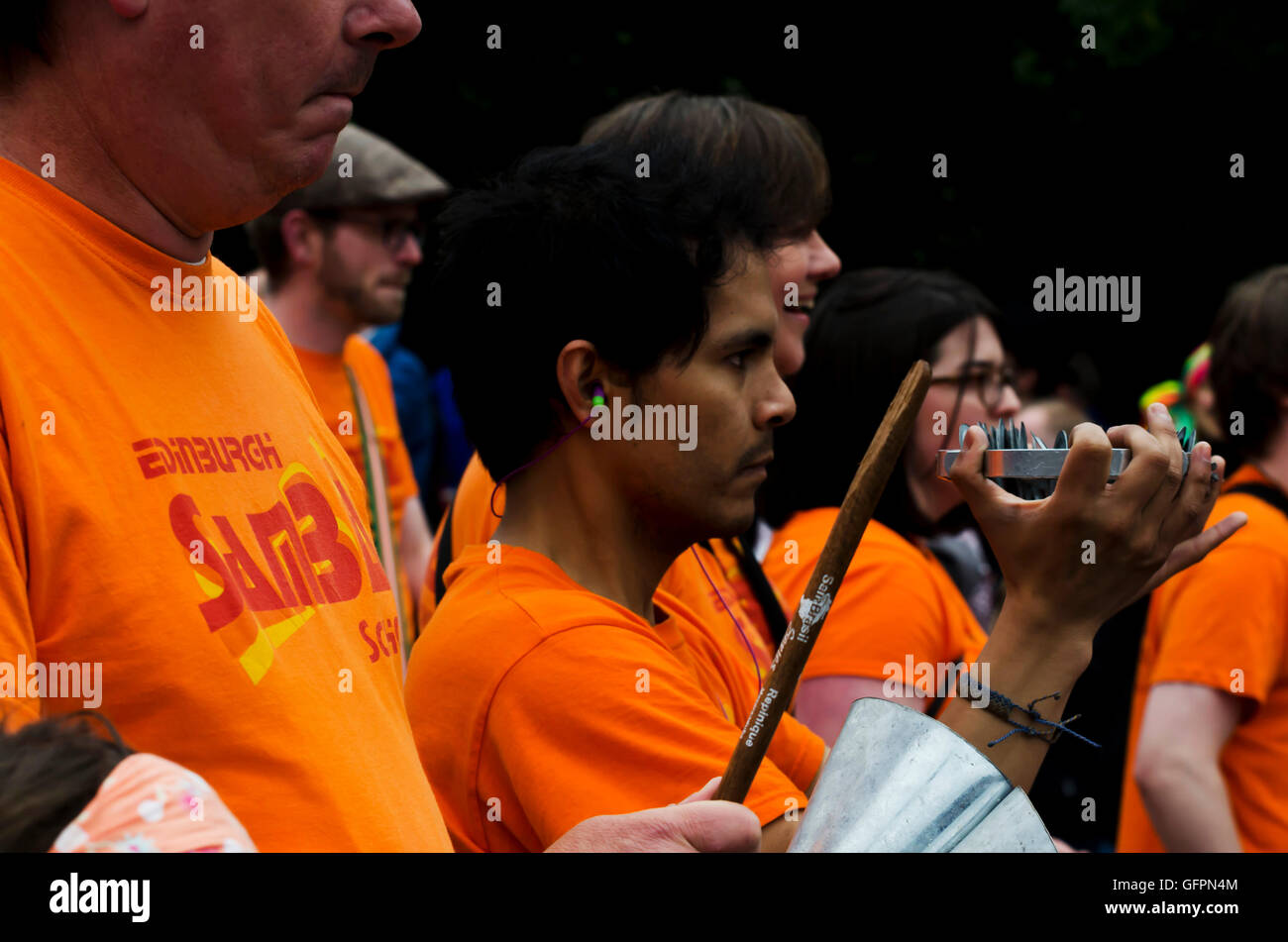 Members of the Edinburgh Samba Drum Band taking part in the Carnival