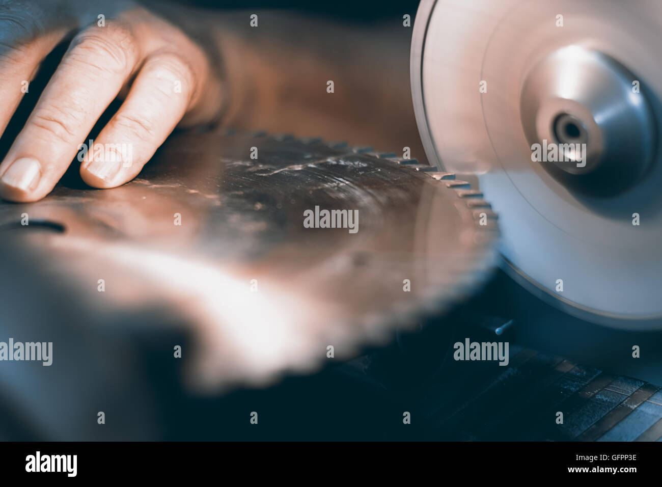 Sharpening Circular Saw, worker sharpens a circular saw blade Stock