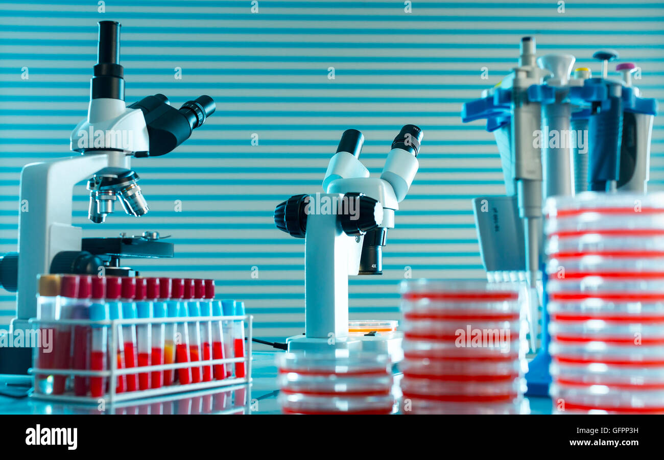 Laboratory work place with microscope, test tube and pipettes. Stock Photo