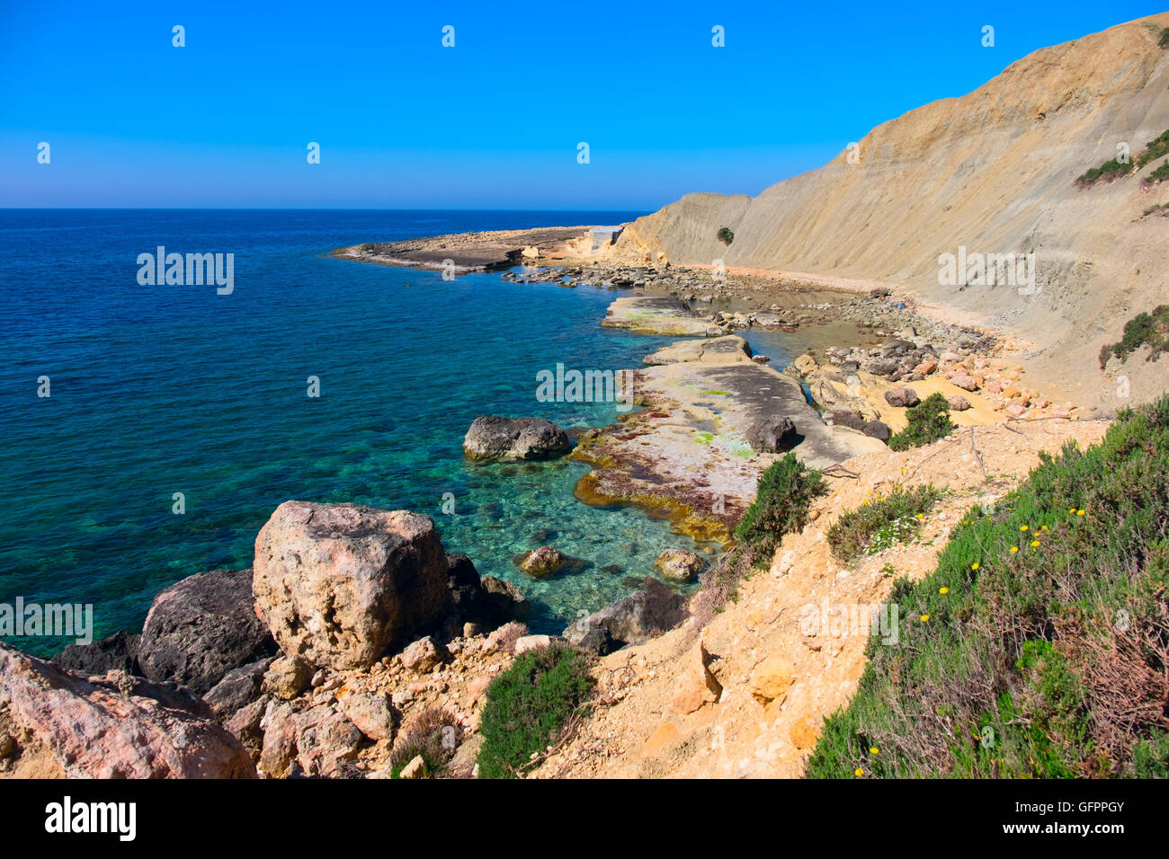 rough and rocky coastline of the island of malta , europe Stock Photo