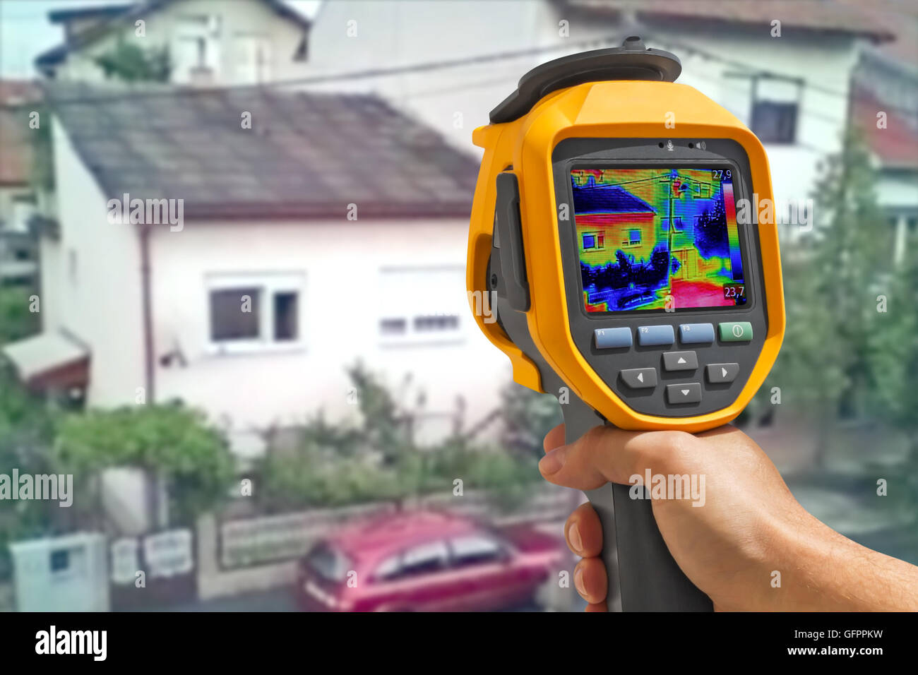Recording Heat Loss at the Residential Building With Infrared Thermal Camera Stock Photo
