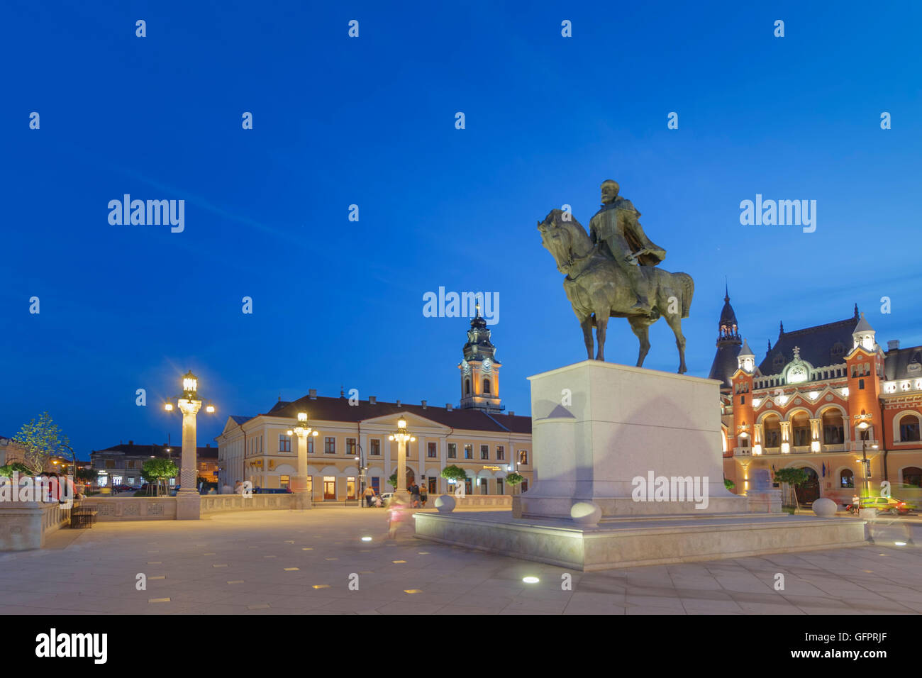 A shot of the Matthias Corvin Statue in Plata Unirii,taken just after sunset. Stock Photo