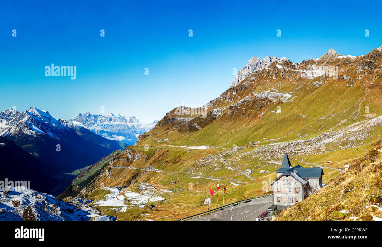 An authentic, remote hotel on the Klausenpass in Switzerland, set the beautiful Swiss Alps on what is considered one of the worl Stock Photo