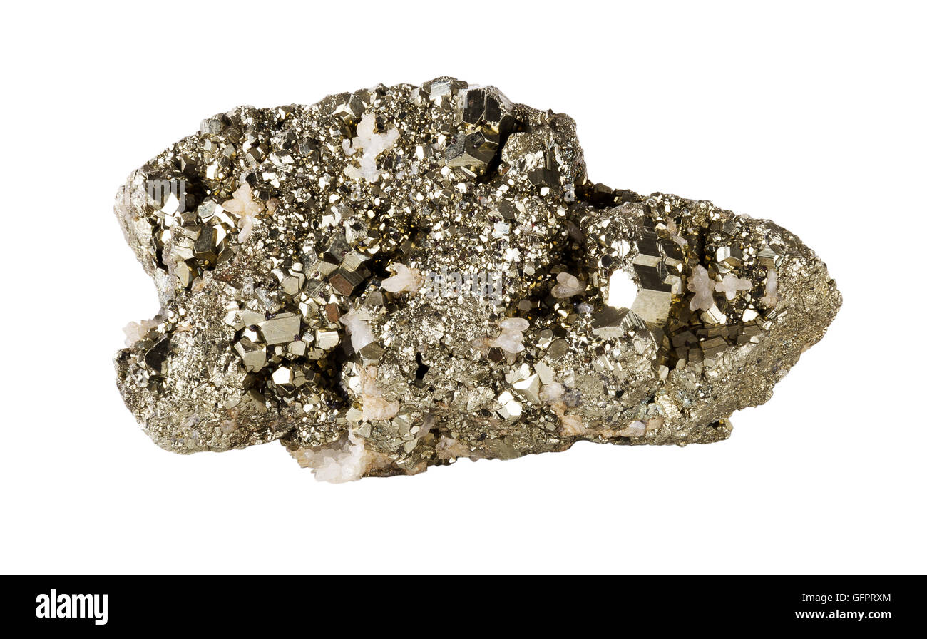 Pyrite on white background, also known as iron pyrite and fools gold, is an iron sulfide with the chemical formula FeS2. Stock Photo