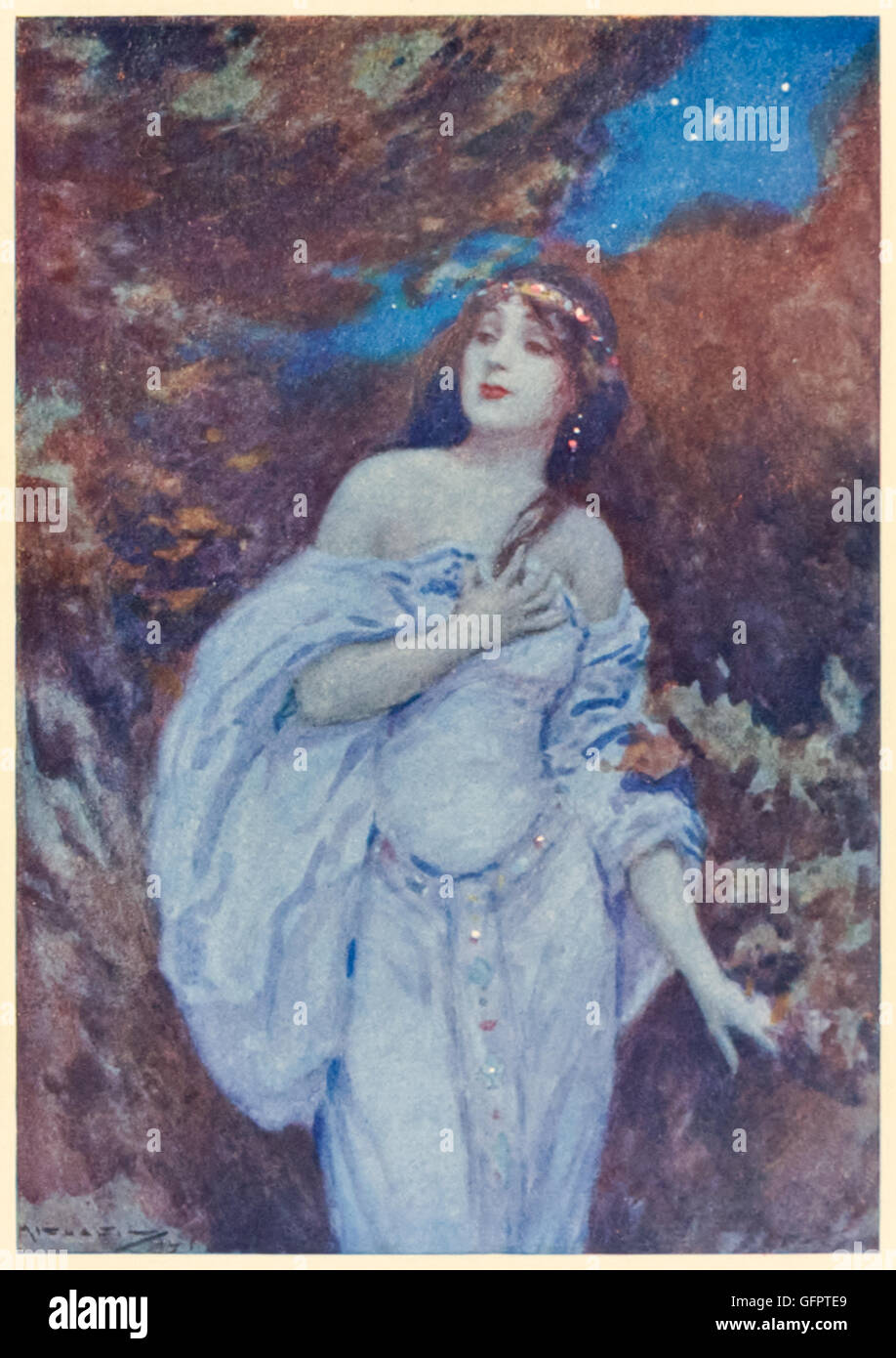 “There she sees a damsel bright, Drest in silken robe of white…” Geraldine in the forest from ‘Christabel’ by Samuel Taylor Coleridge (1772-1834), illustration by Arthur C. Michael. Stock Photo