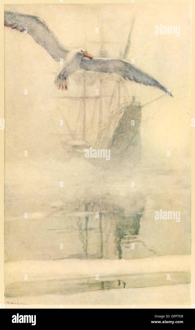 “At length did cross an Albatross, through the fog it came…” The Albatross leads the ship out of the ice jam only to be shot by the mariner. From ‘The Rime of the Ancient Mariner’ by Samuel Taylor Coleridge (1772-1834), illustration by Arthur C. Michael. Stock Photo