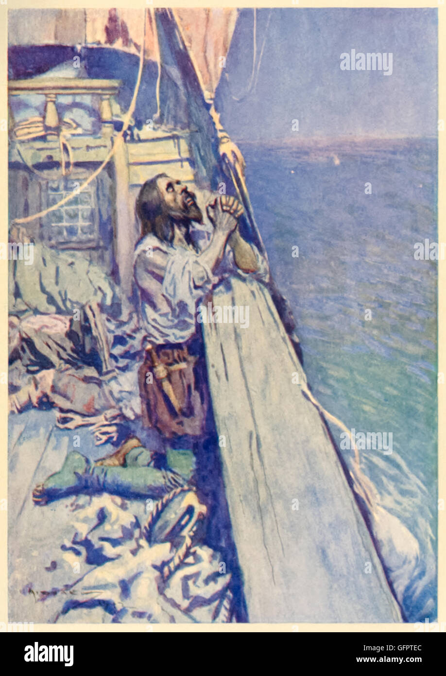 “The self-same moment I could pray: And from my neck so free…” the Mariner prays having lived a nightmare life in death for killing the albatross. From ‘The Rime of the Ancient Mariner’ by Samuel Taylor Coleridge (1772-1834), illustration by Arthur C. Michael. Stock Photo