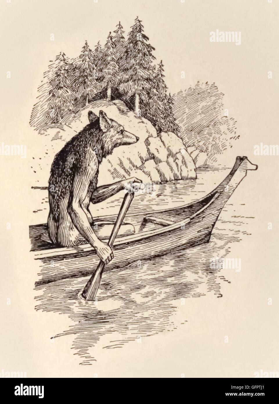 “Coyote went up the river.” From ‘Adventures of the Coyote’ an anthropomorphic character common to the folklore of many indigenous North American peoples. Illustration of a Salish Indian traditional story by Frederick N. Wilson (1876-1961). Stock Photo