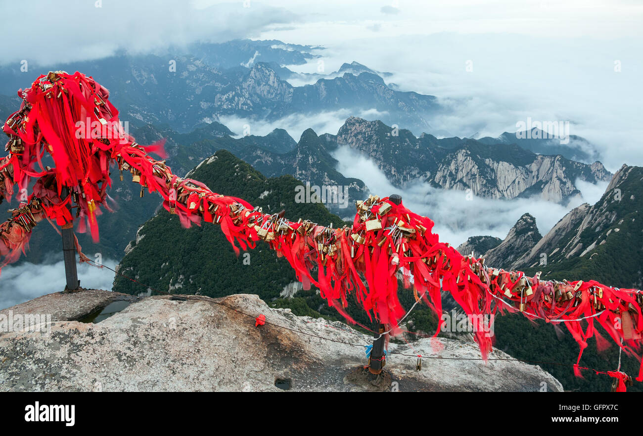 Picturesque view from the highest point of Huashan mountains at sunrise. Stock Photo