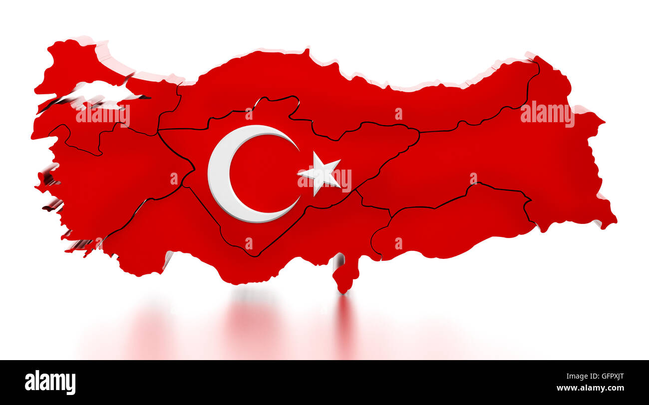 Map of Turkey covered with Turkish flag texture. 3D illustration. Stock Photo