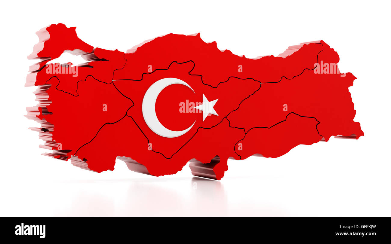 Map of Turkey covered with Turkish flag texture. 3D illustration. Stock Photo