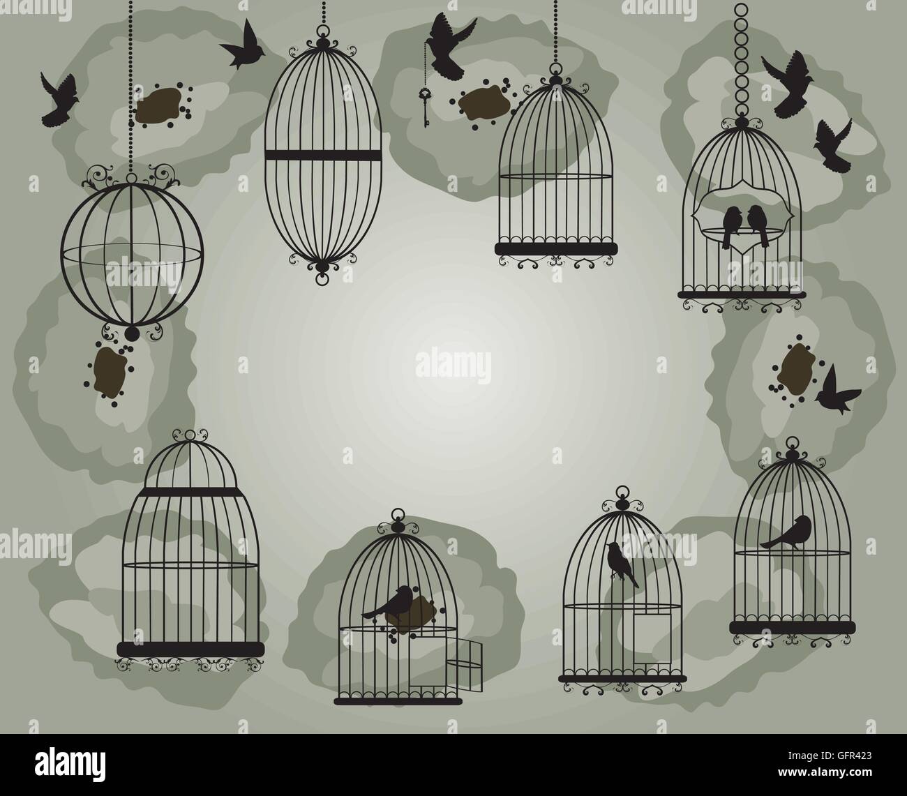 vector illustration of vintage floral cages with birds Stock Vector ...