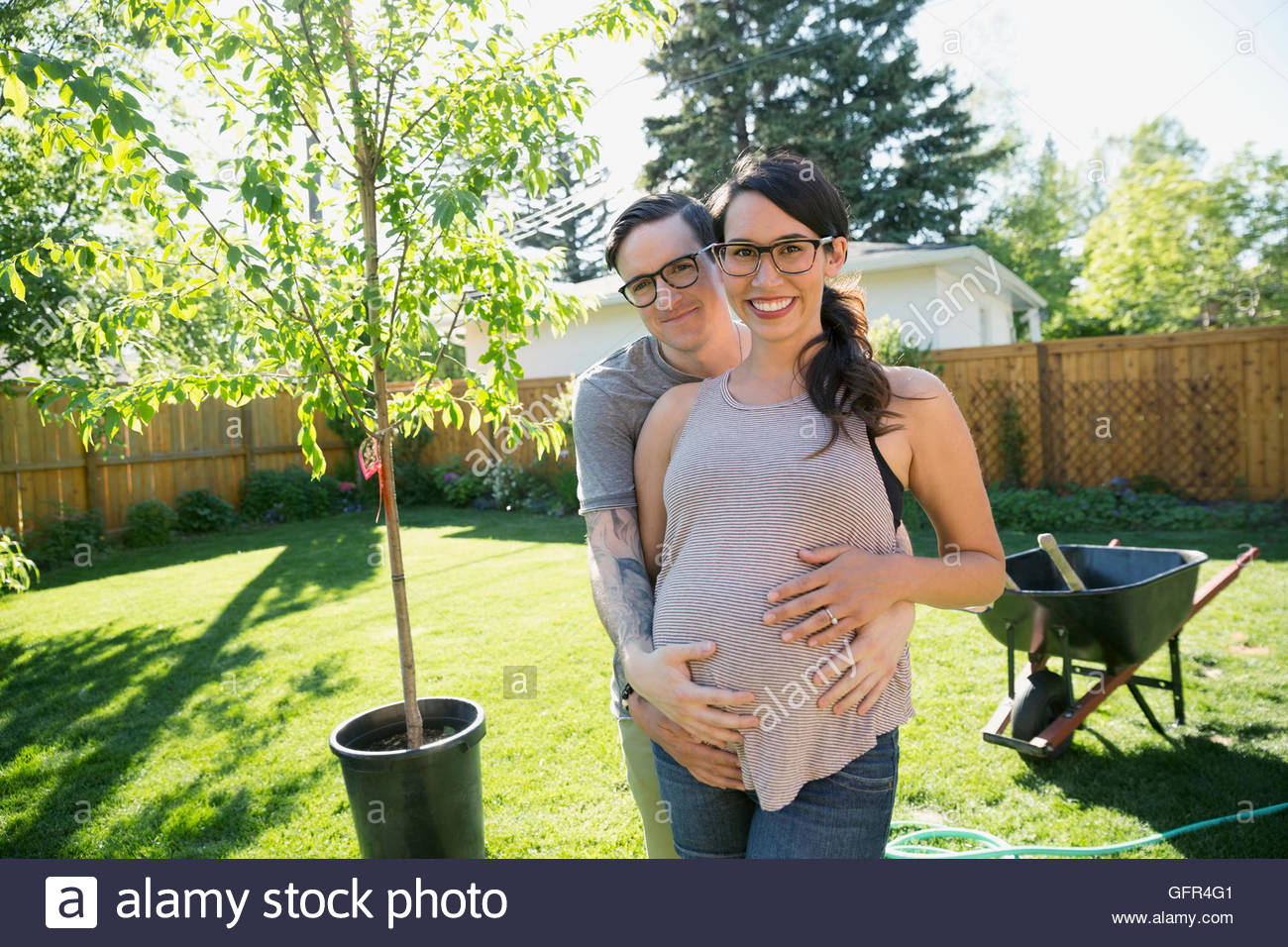 Portrait smiling pregnant couple planting tree in sunny backyard Stock Photo