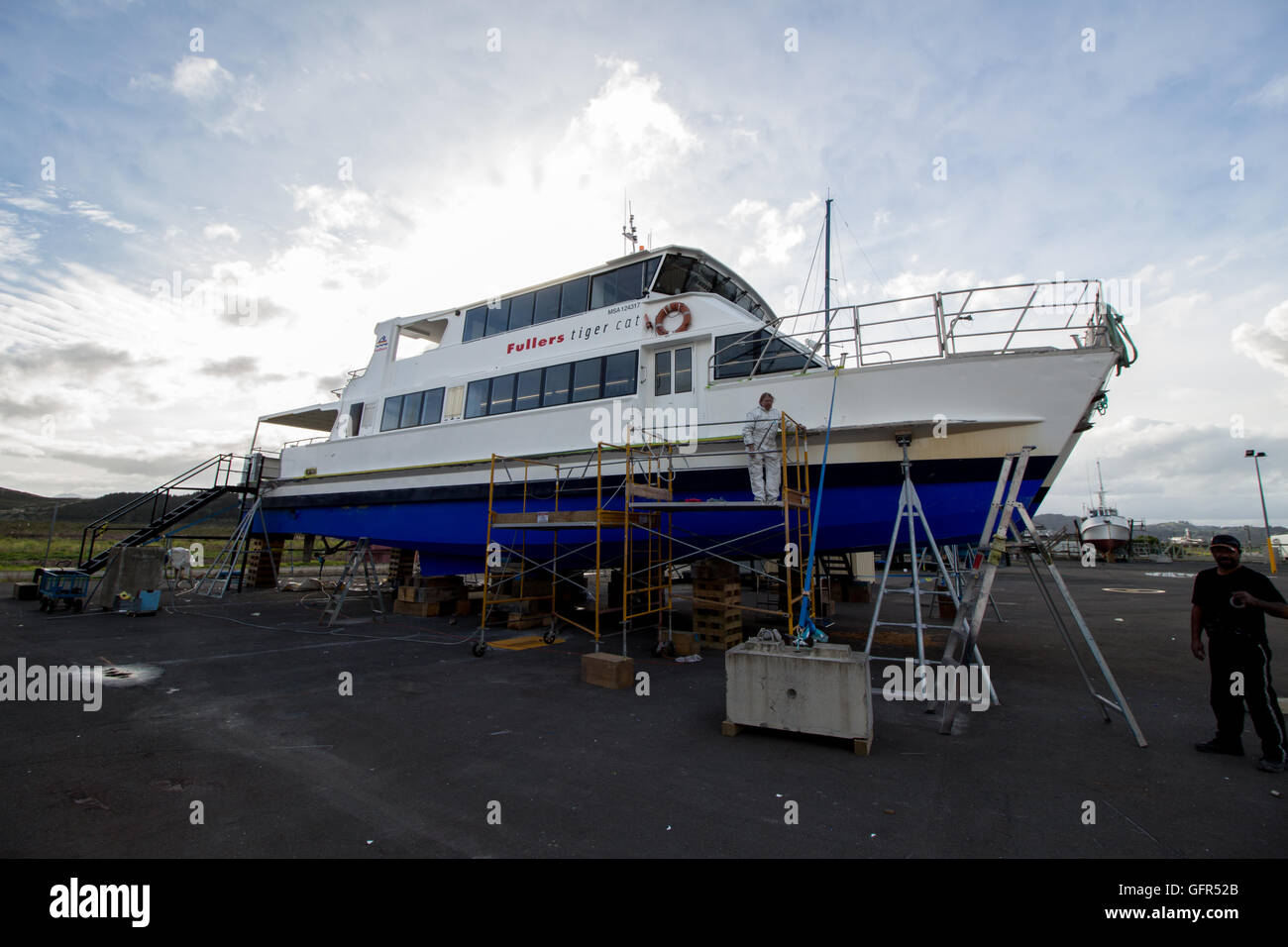 Fullers Auckland Ferry Tiger Cat in the Port Whangarei Drydock (Oceania Marine) Stock Photo