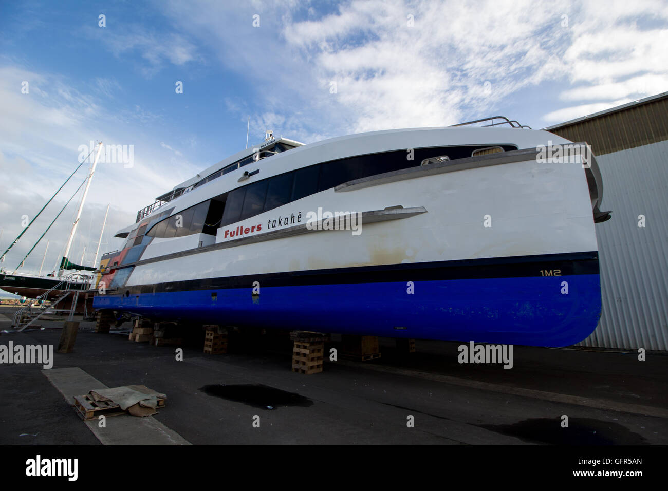 Fulllers Auckland Ferry Takahe in the Whangarei Drydock (Oceania Marine) Stock Photo