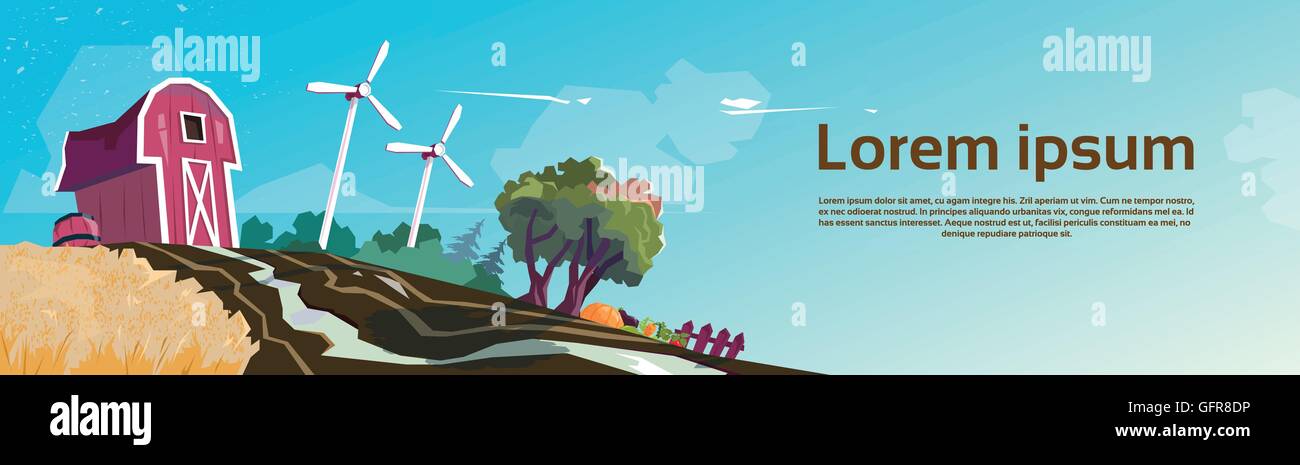 Farm Barn Building Field With Wind Turbine Banner Stock Vector Image ...