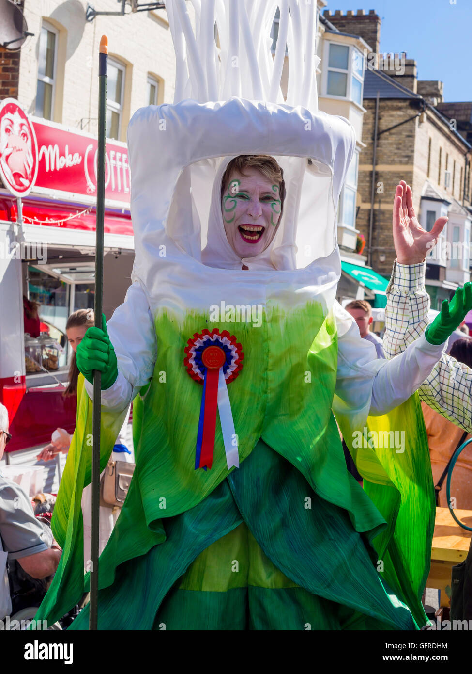 At the Annual Saltburn Food Festival a woman on stilts dressed as a leek to promote locally grown Yorkshire Food Stock Photo