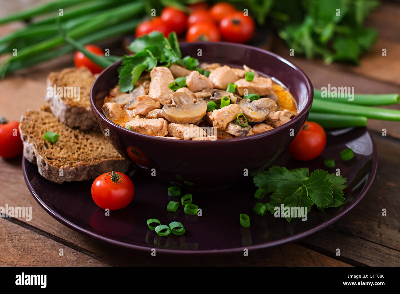 Hungarian paprikas (goulash) chicken with mushrooms Stock Photo Alamy
