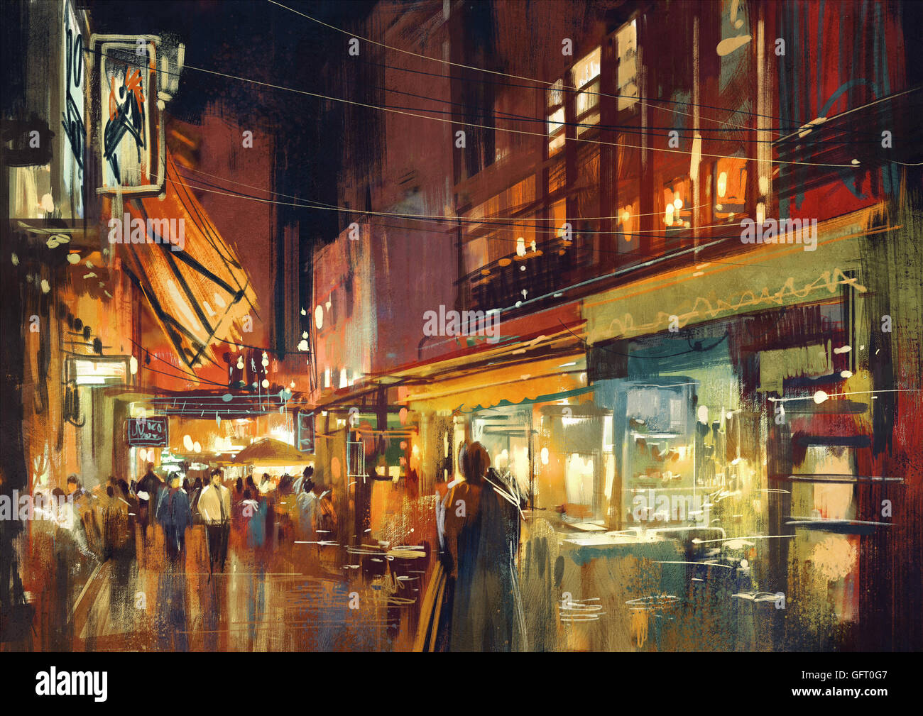 digital painting of people walking in the market at night Stock Photo ...