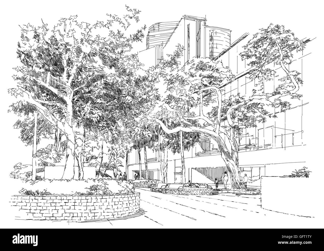 sketch of city landscape,bench in the park under trees Stock Photo
