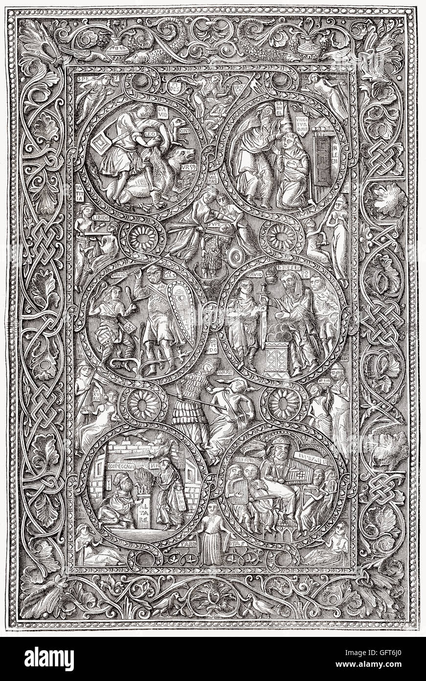 Adorned ivory cover of a book of hours, 11th century Stock Photo