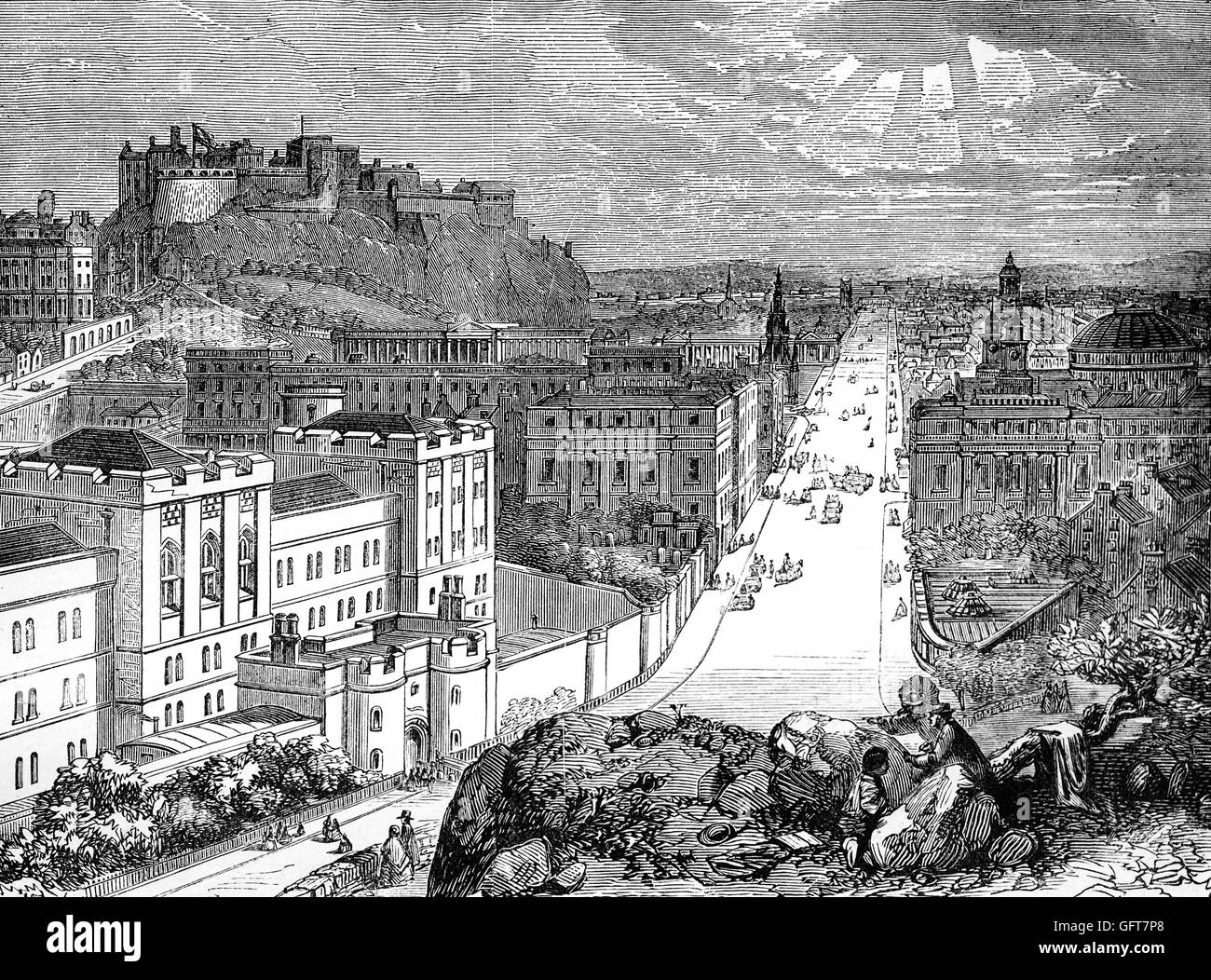 Edinburgh Castle in 1822,  a historic fortress which dominates the skyline of the city of Edinburgh, Scotland. Stock Photo