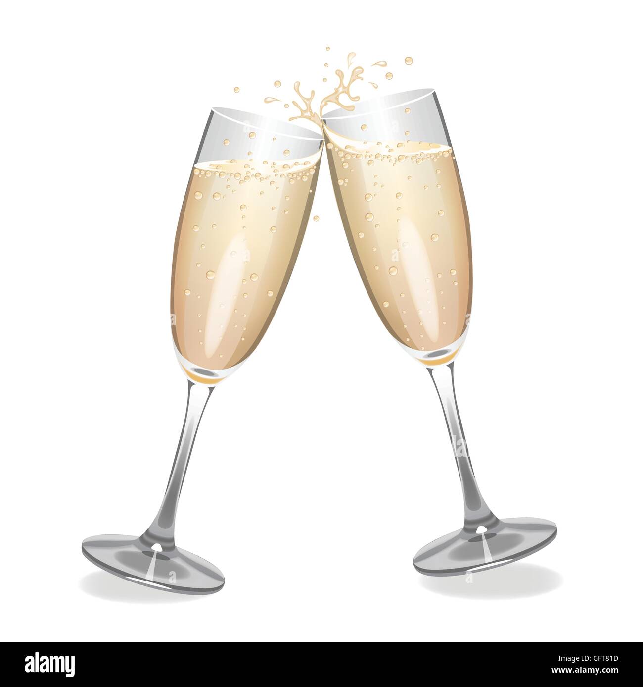 A pair of champagne flutes clinking together with a splash Stock Vector