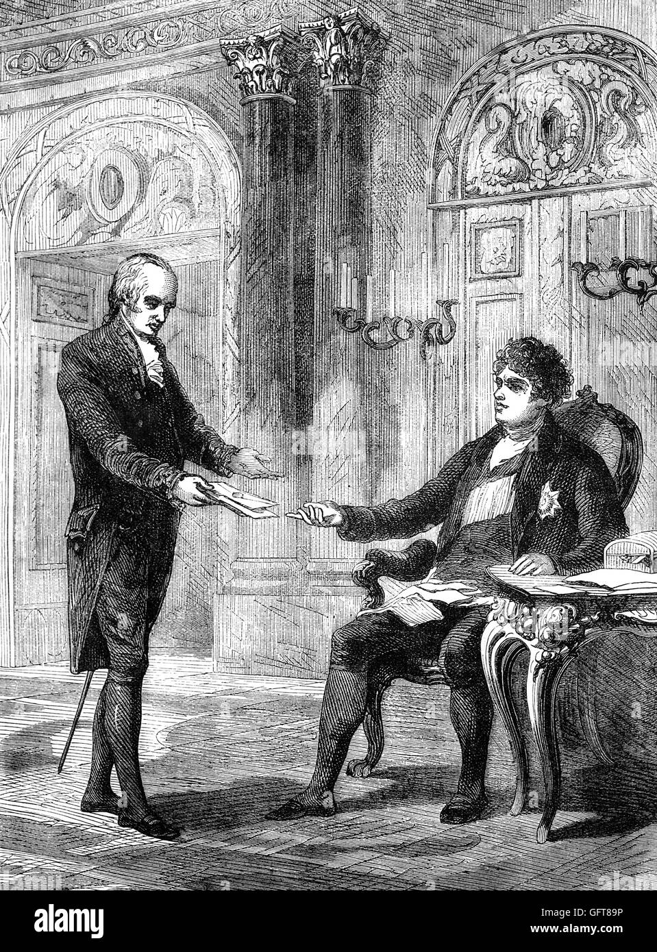 George Canning,(1770 – 1827) was a British statesman and Tory politician who served in various senior cabinet positions under numerous Prime Ministers. He is shown receiving his appointment  as Prime Minister from King George IV. However he died  four months later. Stock Photo
