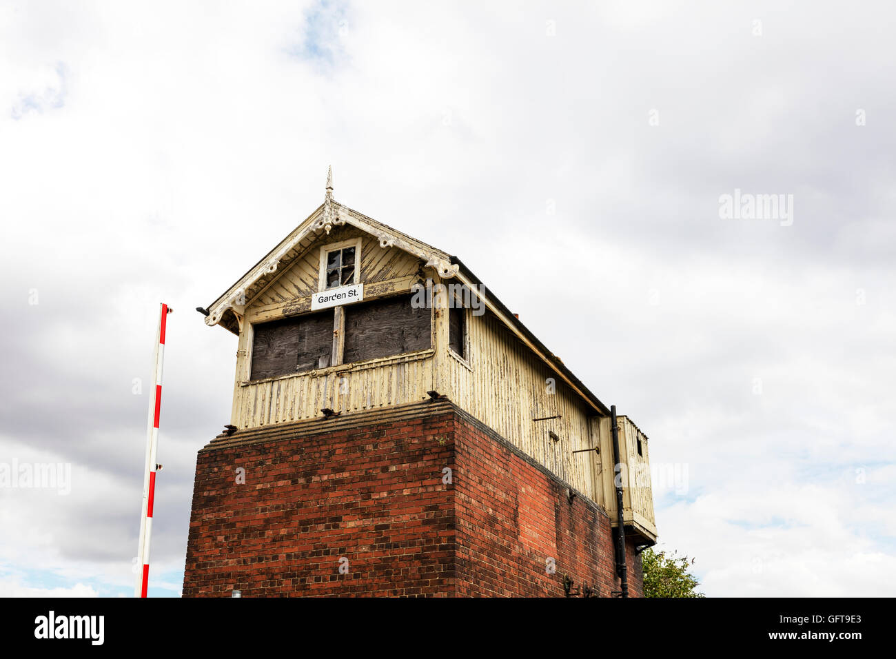 Derelict level crossing station Grimsby Town stations lookout tower control tower unused UK England GB Stock Photo