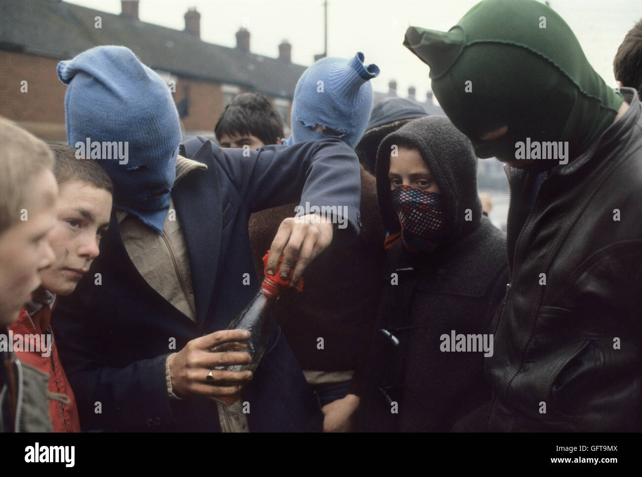 The Troubles. Belfast 1980s. Teenage Catholic youths make petrol bombs