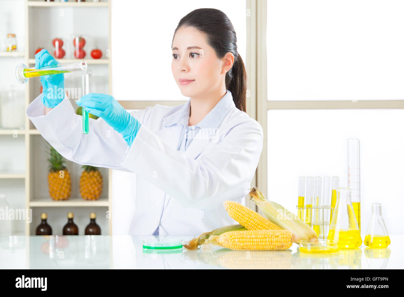 gmo chemistry researchers observing indicator color shift test Stock Photo