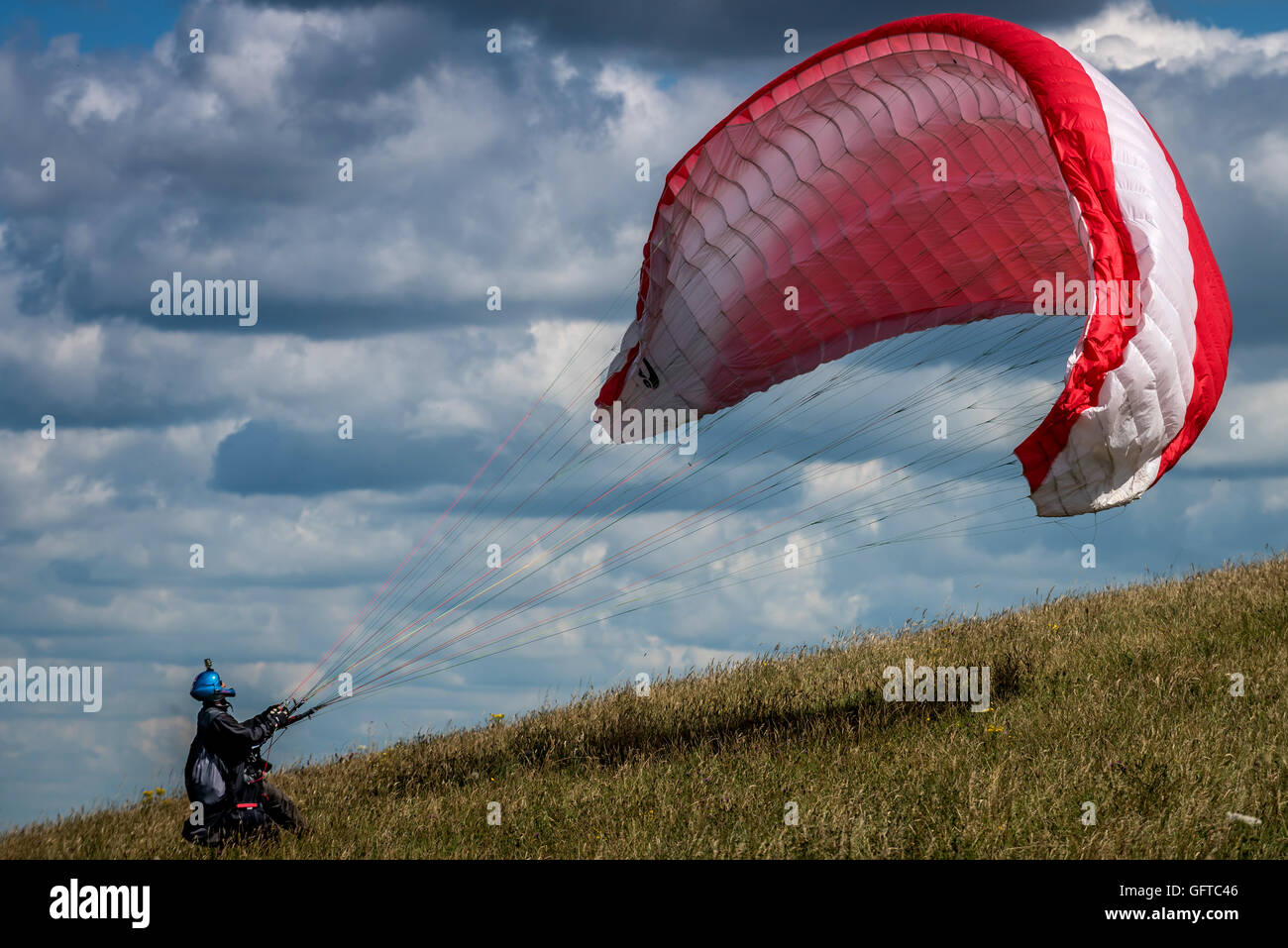 Parascenders in the South Downs National Park at Devil's Dyke, near Brighton. Stock Photo