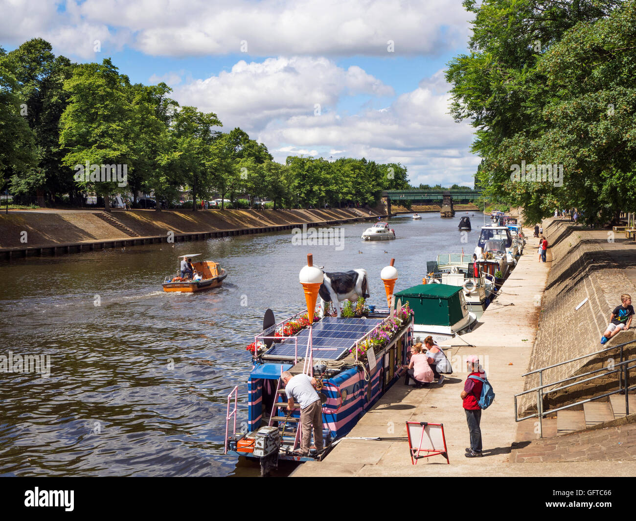 Boats on the River Ouse and Scarborough Bridge from Lendal Landing York Yorkshire England Stock Photo