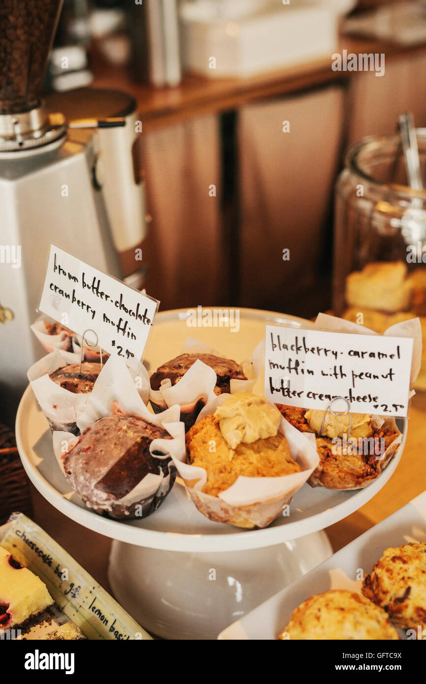 Freshly prepared food on the counter of a small coffee shop and restaurant Stock Photo