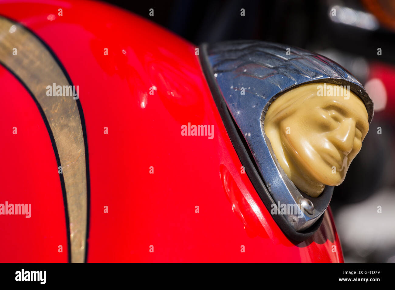 Indian head badge on front mudguard of Indian motorcycle Stock Photo