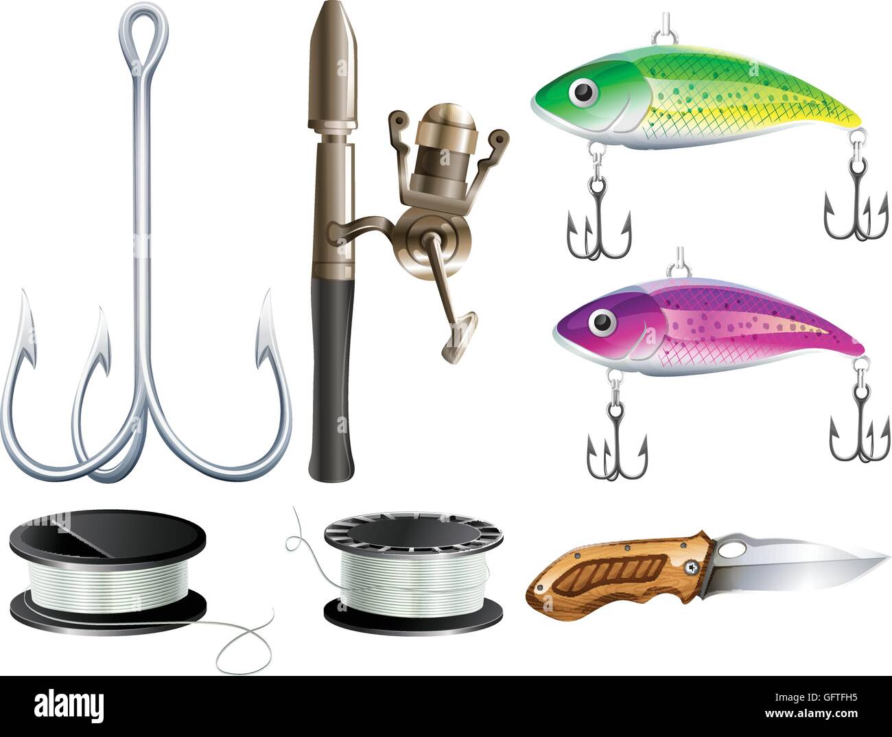 Fishing set with hooks and knife illustration Stock Vector Image & Art