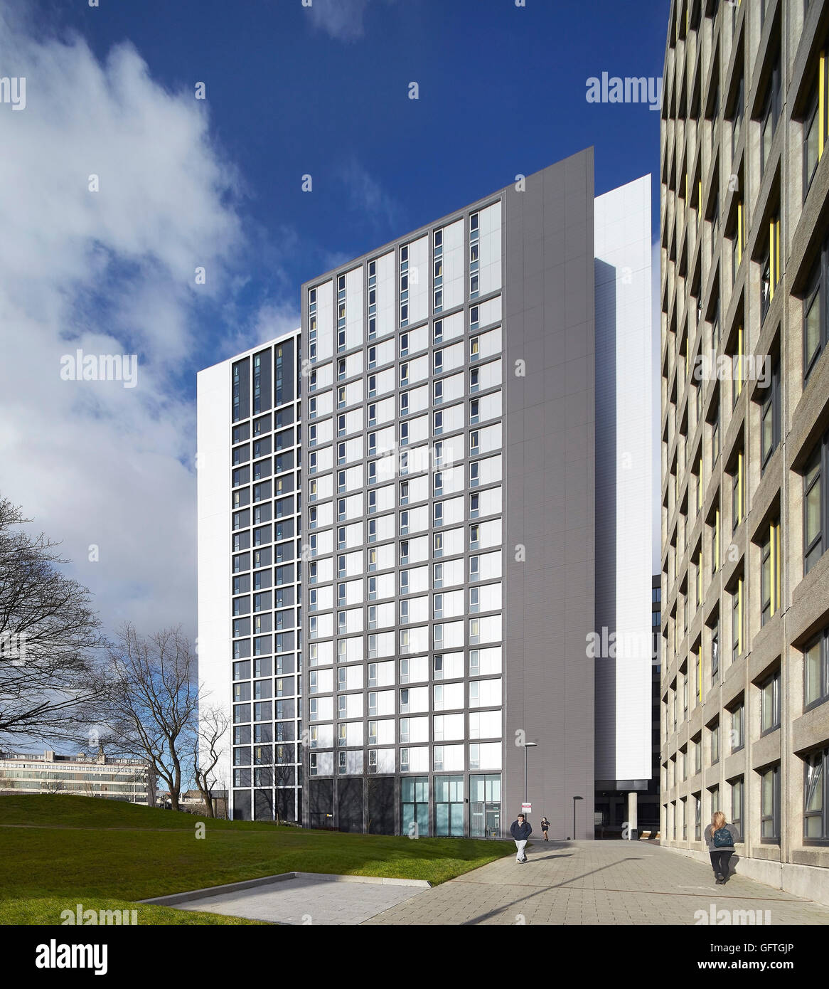 Perspective along modern student housing facades. Leeds Central Village