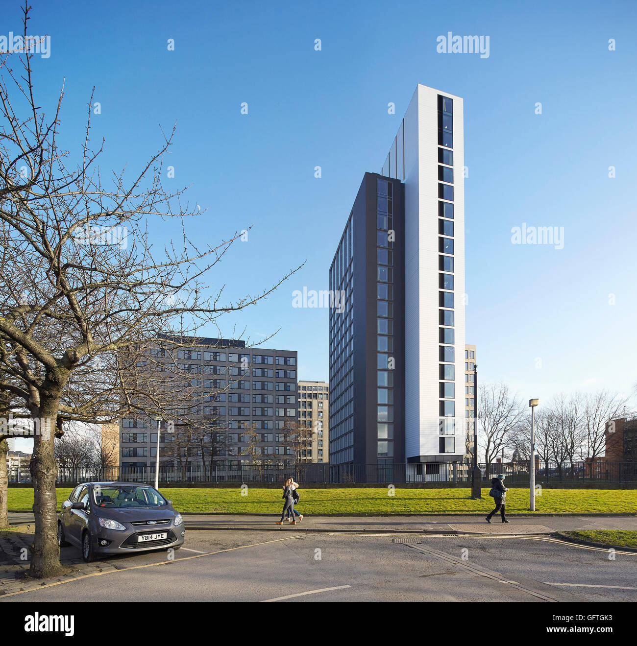 Student accommodation tower with university common. Leeds Central Village, Leeds, United Kingdom. Architect: John McAslan & Partners, 2015. Stock Photo