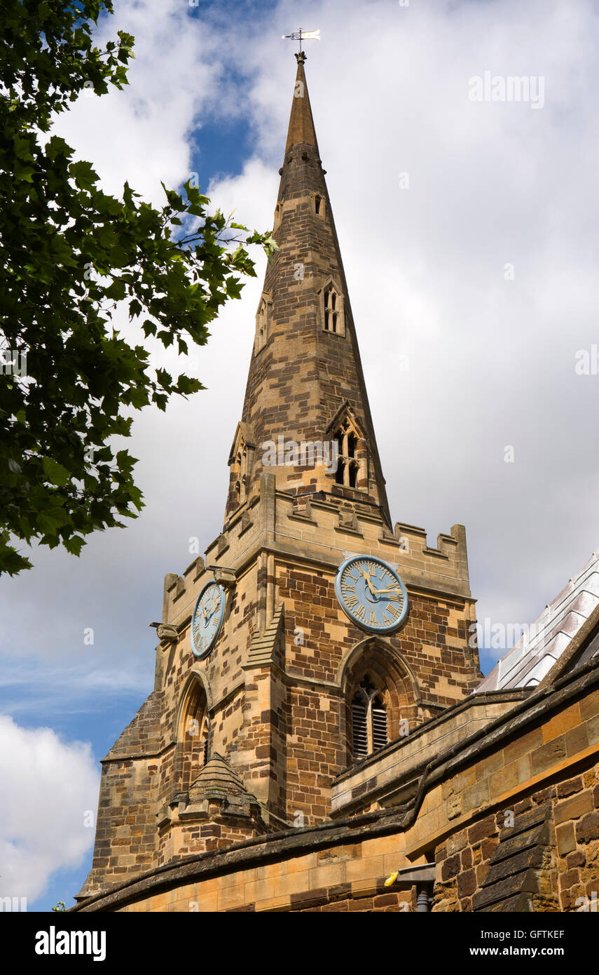UK, England, Northamptonshire, Northampton, Sheep Street, 1100s Church of Holy Sepulchre, clock tower and spire Stock Photo