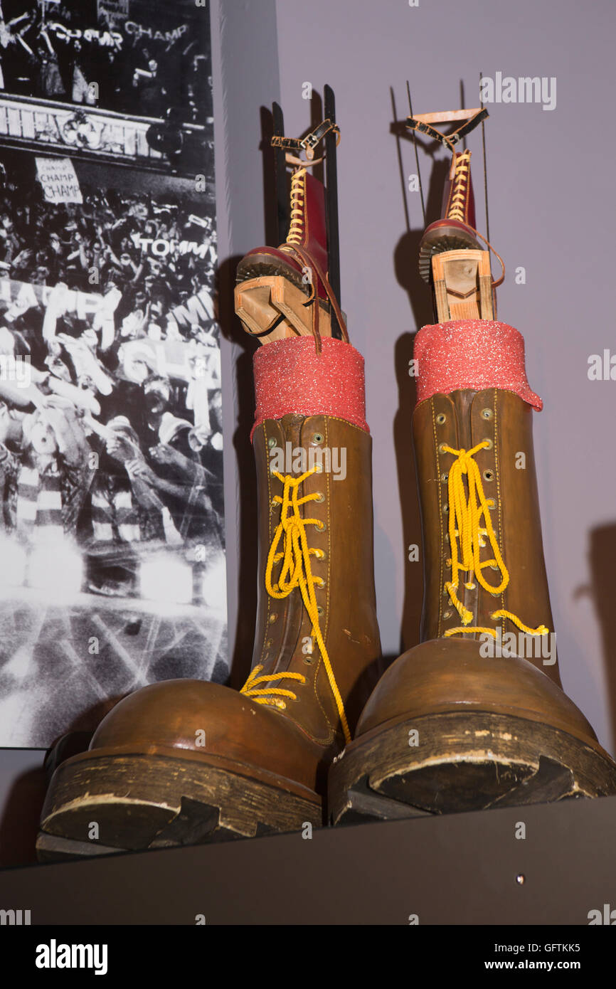 UK, England, Northamptonshire, Northampton, Museum and Art Gallery, giant ‘Pinball Wizard’ boots from Ken Russell film Tommy Stock Photo