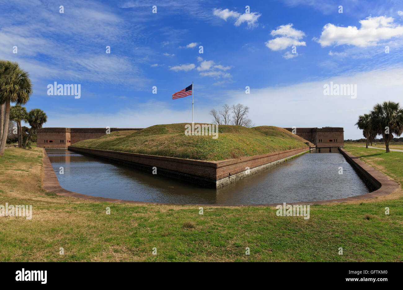 Fort Pulaski, Cockspur Island, Georgia. The demilune completely surrounded by water protected the main sallyport entrance to the Stock Photo