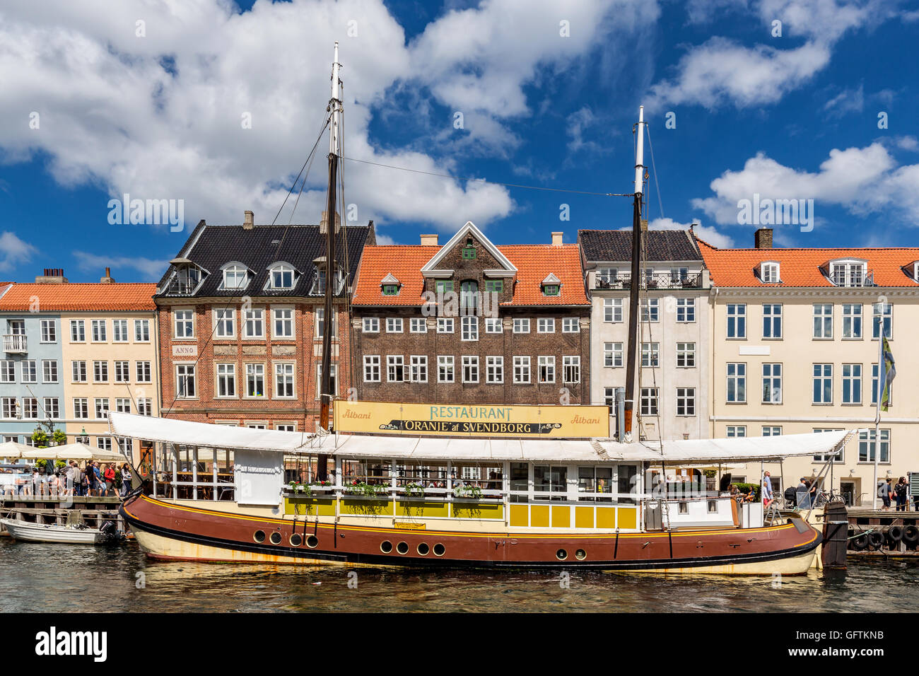 Boat restaurant, Nyhavn Canal, Copenhagen, Denmark Stock Photo