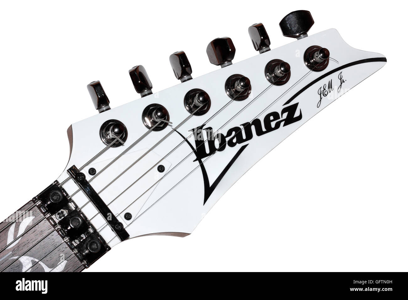 A White Ibanez Jem Jnr electric superstrat guitar Head Stock isolated on a white background Stock Photo