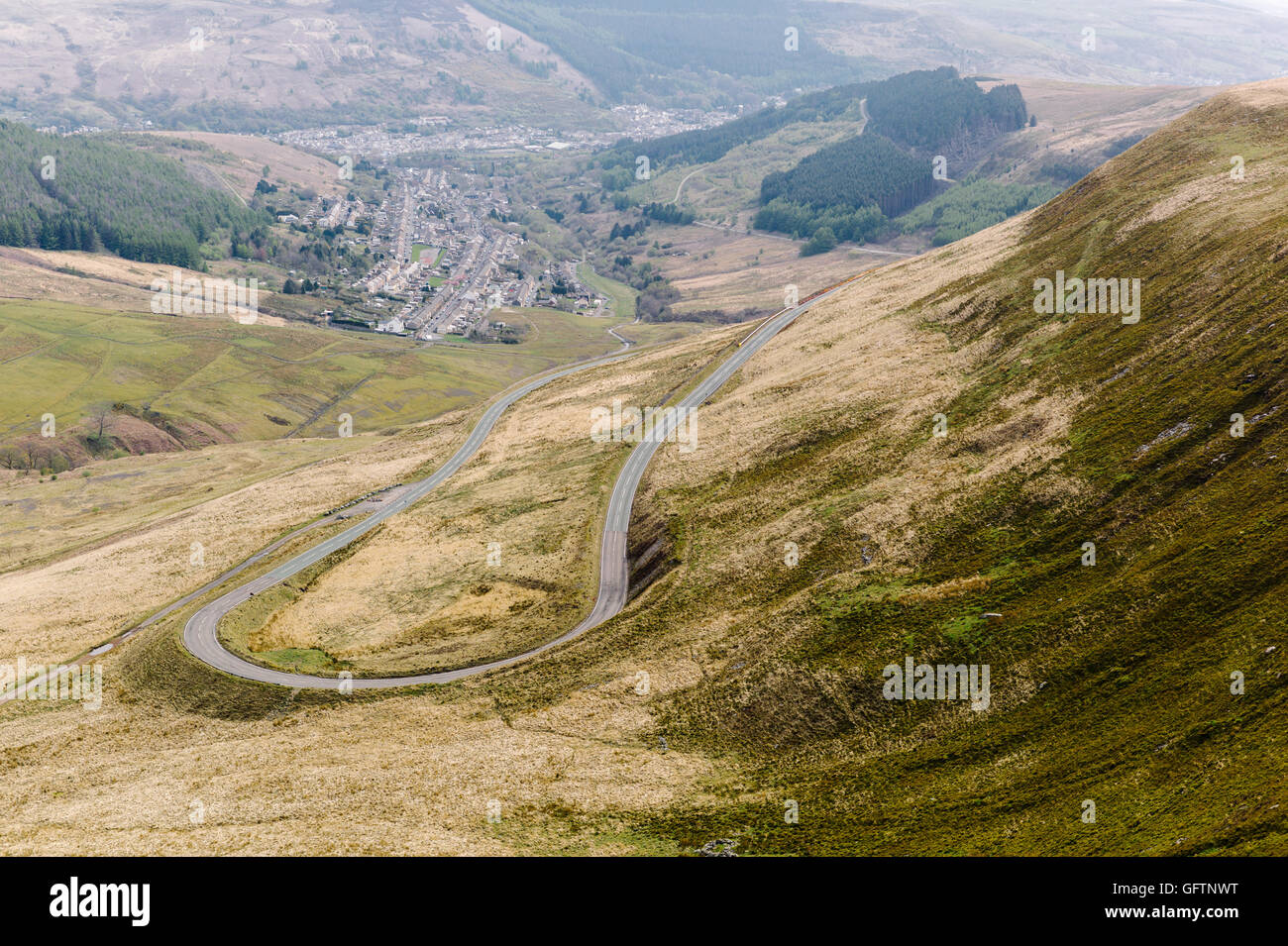 View down into Cwmparc and Treorchy in Rhondda Valley, Wales. Stock Photo