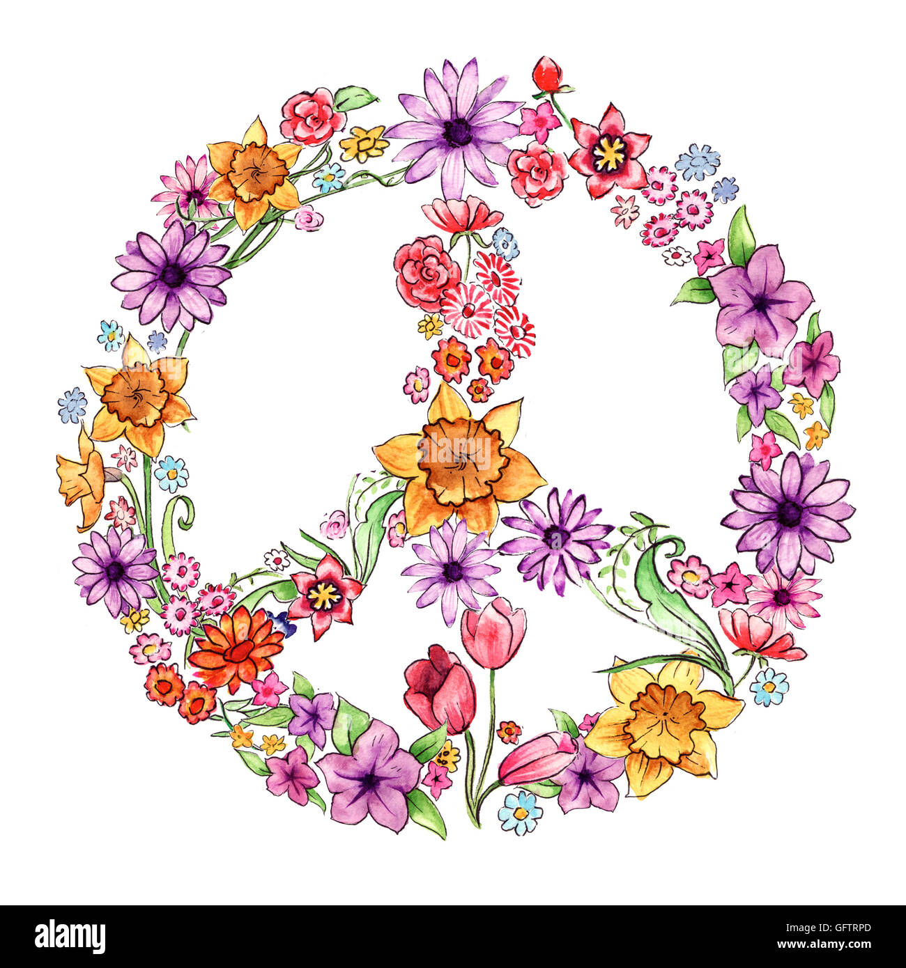 Hand painted flowers arranged into the shape of a peace symbol Stock